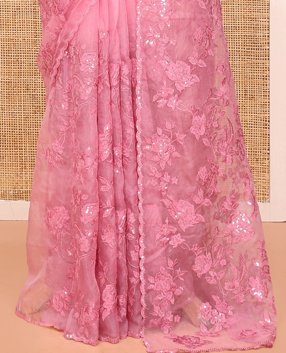 Pink Organza Saree, Prettified with Floral Vine Sequins-Thread Embroidery, Scallop-Embroidered Border, and a Matching Blouse