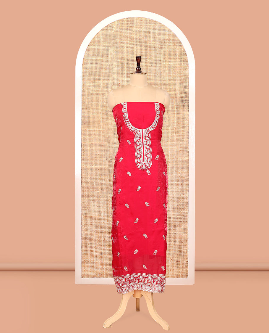 Magenta Fendi Organza Material Churidar Features Embroidered Top, a Santoon Bottom, a Scallop Embroidered Dupatta
