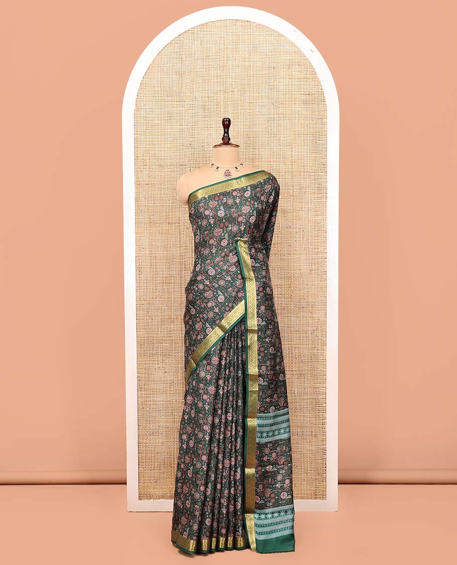 Green Printed Silk Saree, Adorned with Intricate Designs, Highlighted by a Traditional Zari Border, Printed Pallu, and a Matching Blouse