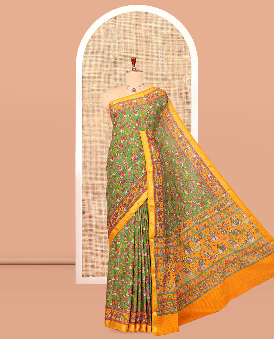 Green Printed Silk Saree, Adorned with a Village-Themed Print, a Contrast Traditional Zari Border, Striped Pallu, and a Contrast Blouse