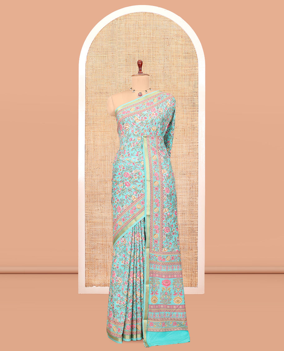 Turquoise Printed Silk Saree, Mesmerized with Floral Vine Print, a Traditional Zari Border, Floral Print Pallu, and a Matching Blouse