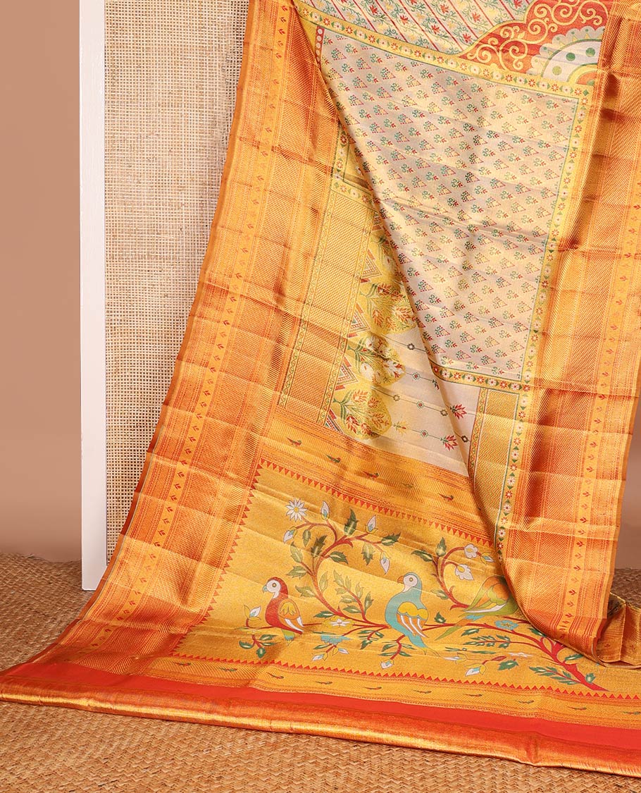 Gold Mughal style meenakari jacquard silk saree, contrast border of rekku,kathir,neli,muthu, and mayil kann, and paithani pallu of muniya, floral, and bird designs