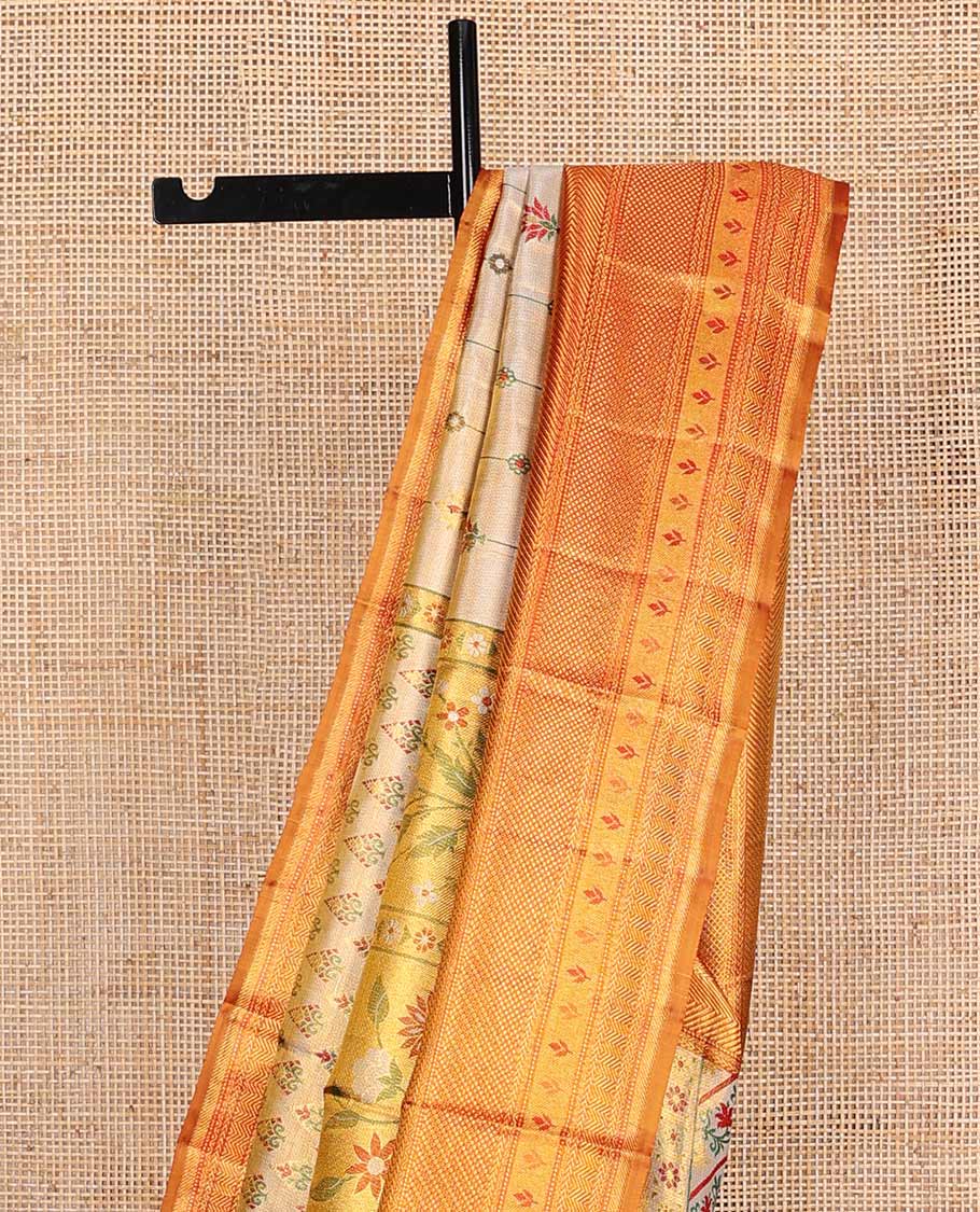 Gold Mughal style meenakari jacquard silk saree, contrast border of rekku,kathir,neli,muthu, and mayil kann, and paithani pallu of muniya, floral, and bird designs