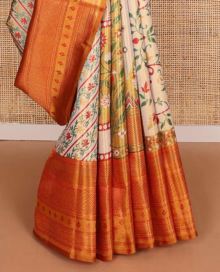 Gold Mughal style meenakari jacquard silk saree, contrast border of rekku,kathir,neli,muthu, and mayil kann, and paithani pallu of muniya, floral, and bird designs