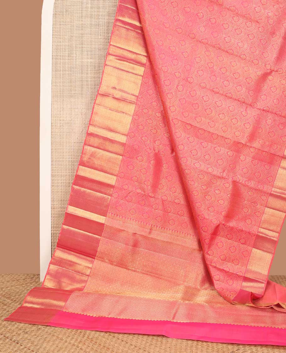 Pink floral design silk saree with self border of thilakam mokku, mayil kann design & zari design pallu