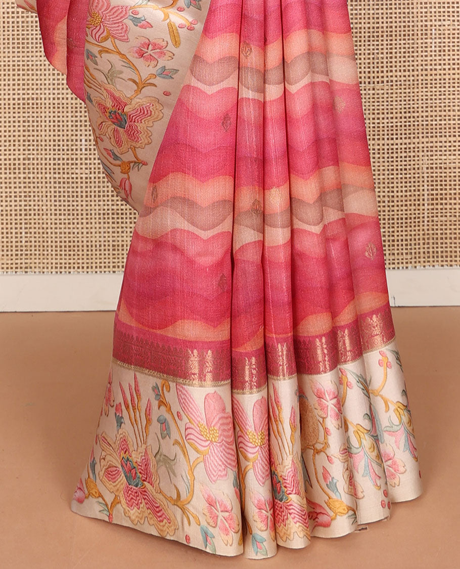 Pink abstract-style zig-zag stripes printed tussar saree with buttas, contrast border of traditional zari designs, & colorful floral print & intricate pallu