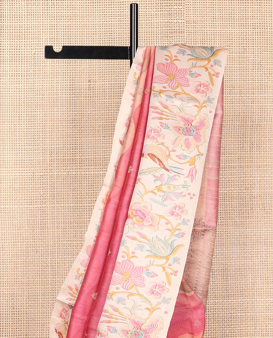 Pink abstract-style zig-zag stripes printed tussar saree with buttas, contrast border of traditional zari designs, & colorful floral print & intricate pallu