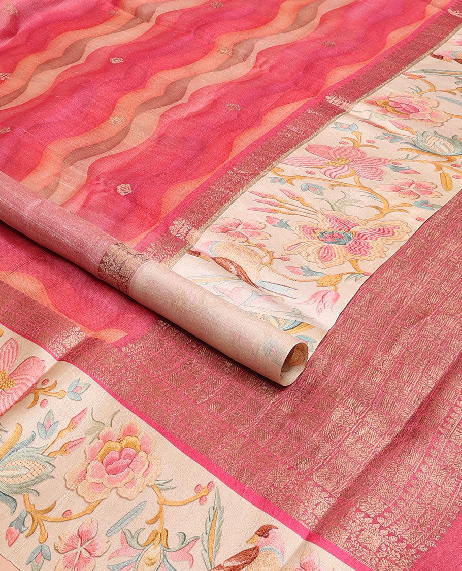 Pink abstract-style zig-zag stripes printed tussar saree with buttas, contrast border of traditional zari designs, & colorful floral print & intricate pallu