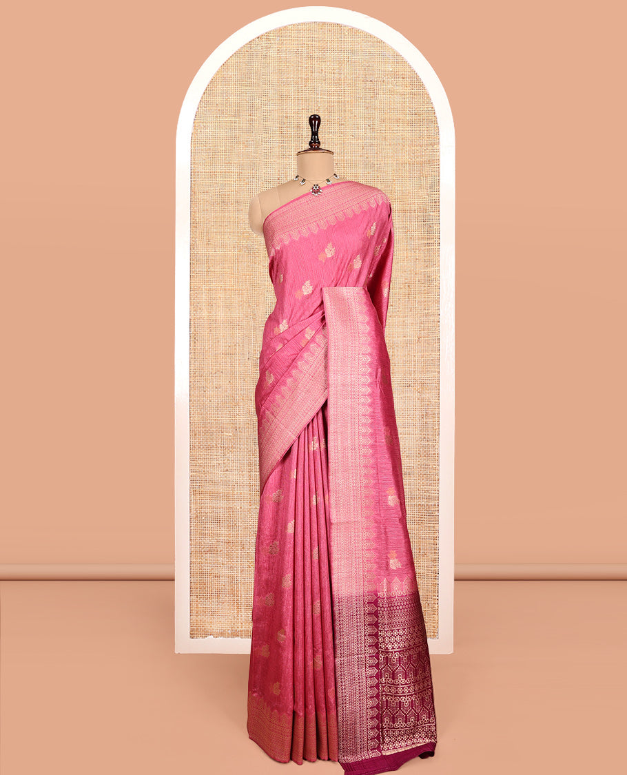 Pink Matka Silk Saree, Adorned with Buttas All Over Its Body, Highlighted by a Self-Border of Traditional Designs, Intricately Designed Pallu, and Paired with Contrast Blouse