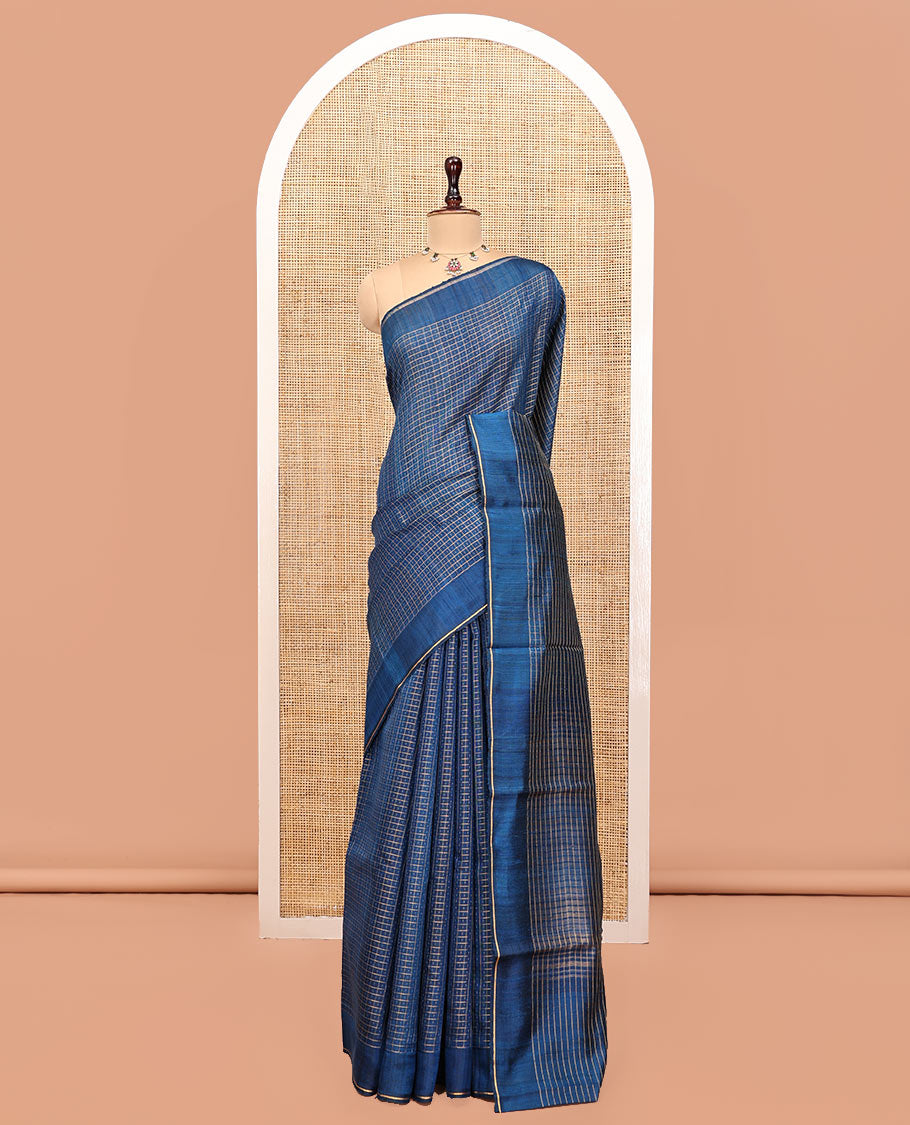 Blue Tussar Silk Saree, Adorned with Butta Enclosed Checks, a Subtle Border, a Self-Pallu, and a Matching Blouse