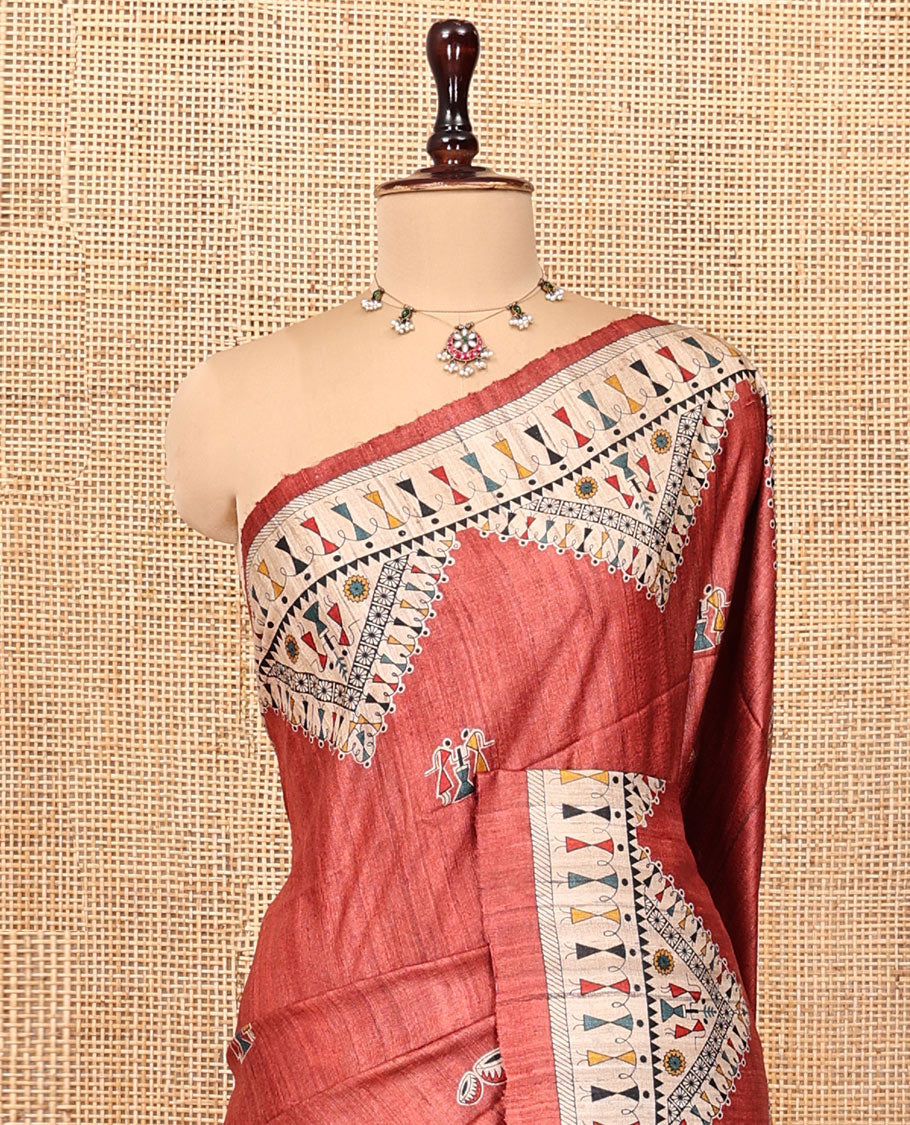 Rust Tussar Silk Saree, Adorned with Warli Motifs, Contrast Warli Printed Pallu, Warli Pallu, and Matching Blouse