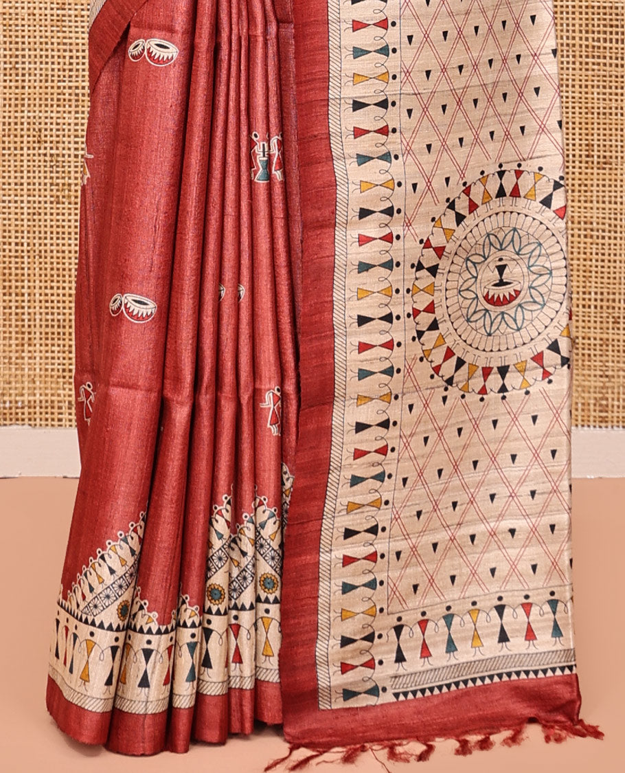 Rust Tussar Silk Saree, Adorned with Warli Motifs, Contrast Warli Printed Pallu, Warli Pallu, and Matching Blouse