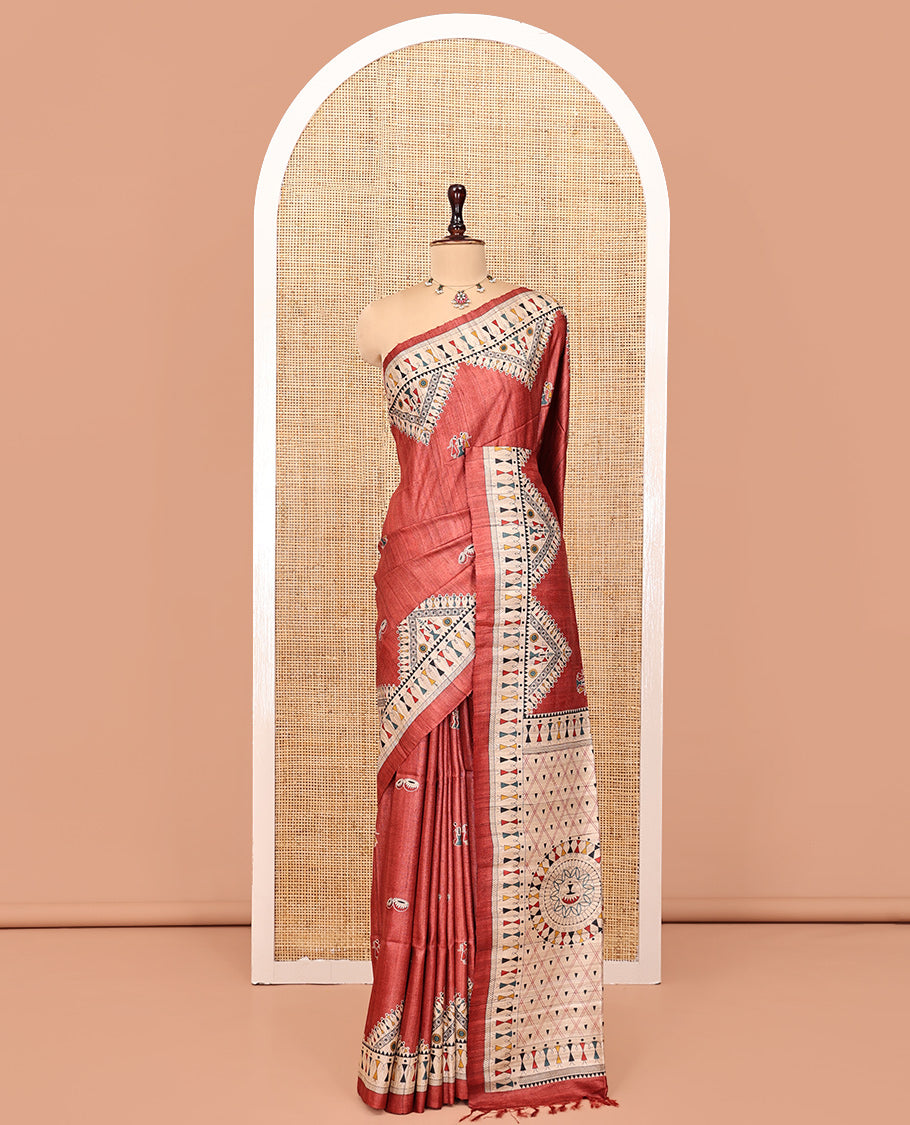 Rust Tussar Silk Saree, Adorned with Warli Motifs, Contrast Warli Printed Pallu, Warli Pallu, and Matching Blouse