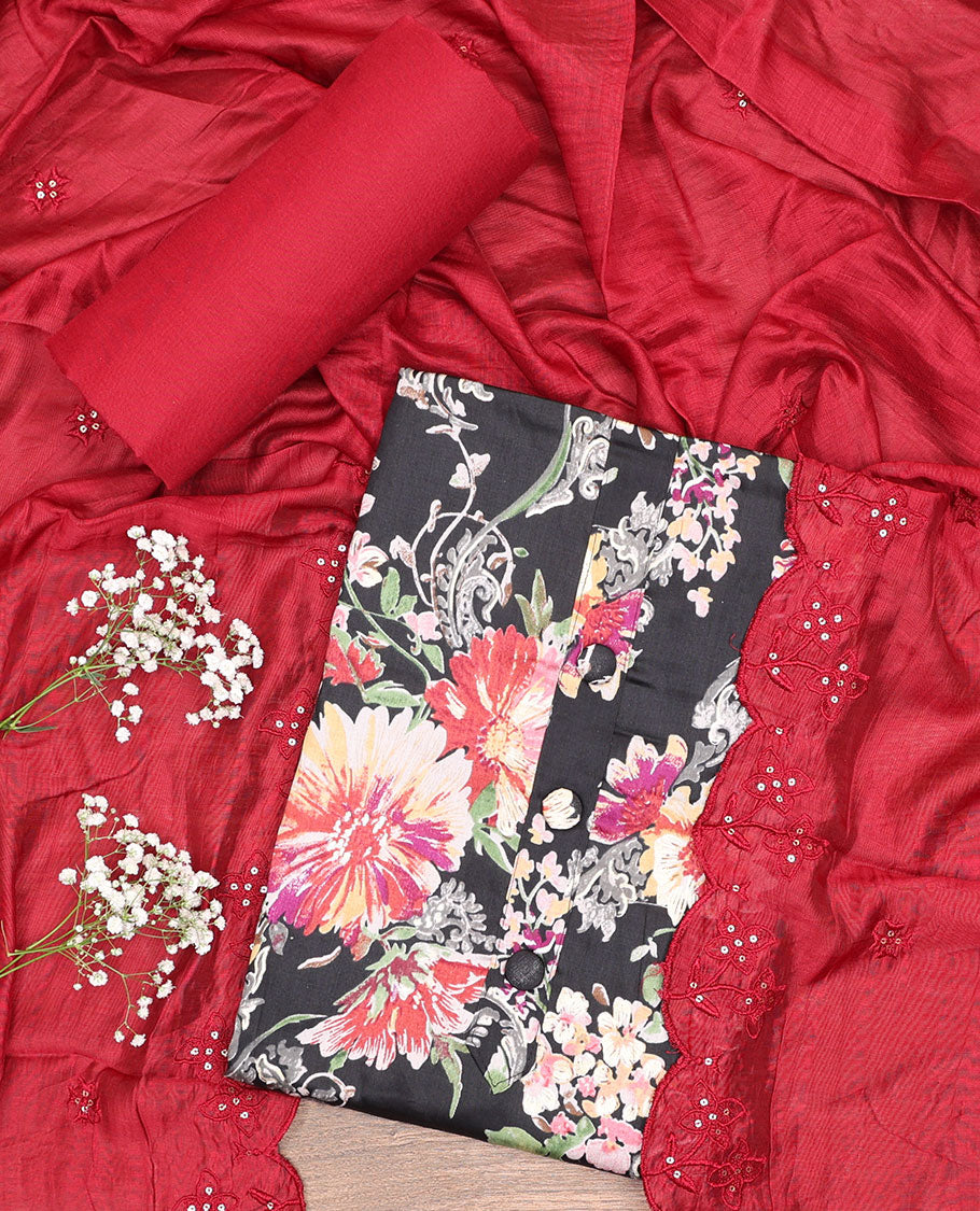 Black chudidhar material set, colorful floral print top, contrast plain bottom & sequins embroidered scallop dupatta