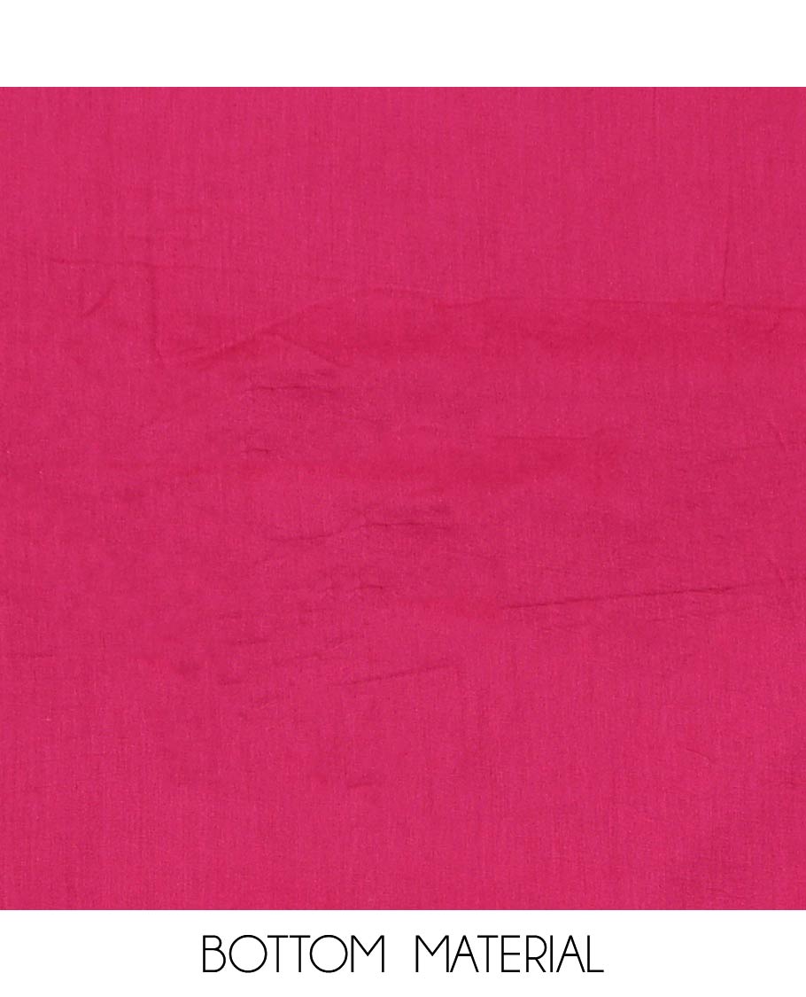 Pink material churidar set, batik printed with neck embroidered cotton top, plain cotton bottom, and shibori printed chiffon dupatta