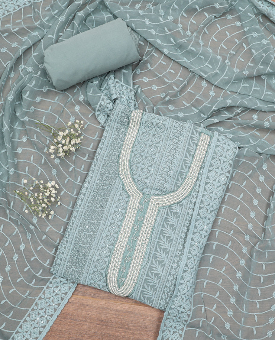 Blue Material Chudidar Set, Embellished with Chikankari-Style Embroidery and Neck Work on Georgette Top, a Plain Santoon Bottom, and Paired with a Floral Vine Embroidery Georgette Dupatta