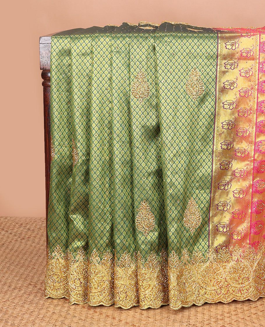 Green jacquard stone embroidered silk saree, scallop embroidered border, contrast intricate zari & embroidered pallu