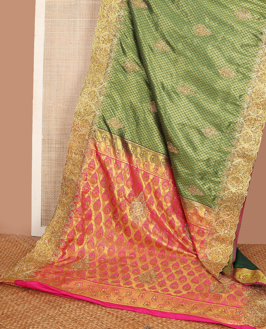 Green jacquard stone embroidered silk saree, scallop embroidered border, contrast intricate zari & embroidered pallu