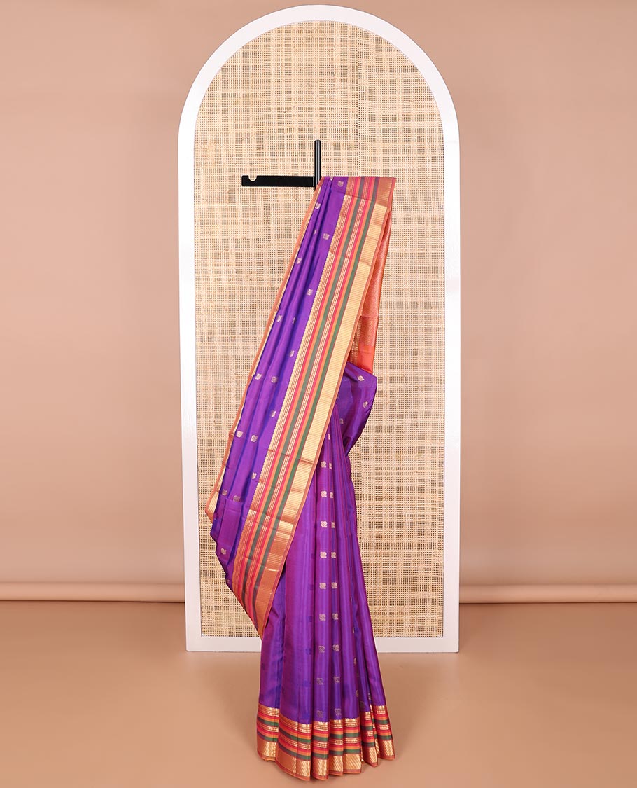 Purple mayil buttas vasundhara elite silk saree with contrast intricate zari design border & floral jaal pallu