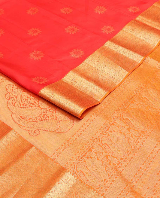 Red flower buttas Vasundhara silk mix saree, contrast border of thilakam mokku,manga,kodi visiry & jaal & manga motif pallu