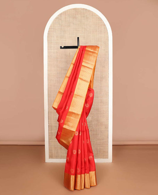 Red flower buttas Vasundhara silk mix saree, contrast border of thilakam mokku,manga,kodi visiry & jaal & manga motif pallu