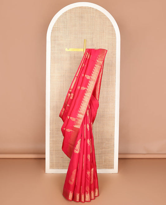 Dark pink zari buttas Vasundhara silk mix saree, zari border of manga mokku, diamond & scallop design & pallu of chakram designs