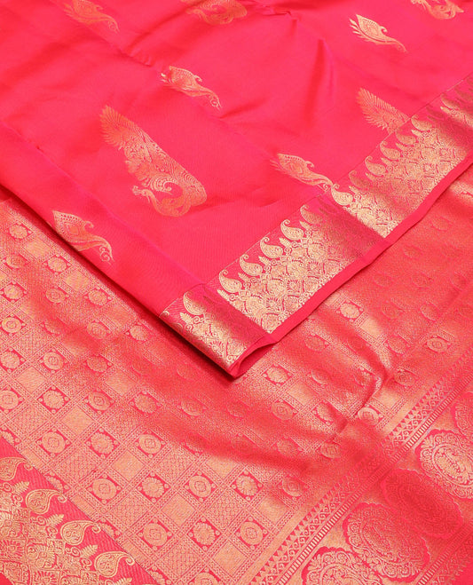 Dark pink zari buttas Vasundhara silk mix saree, zari border of manga mokku, diamond & scallop design & pallu of chakram designs