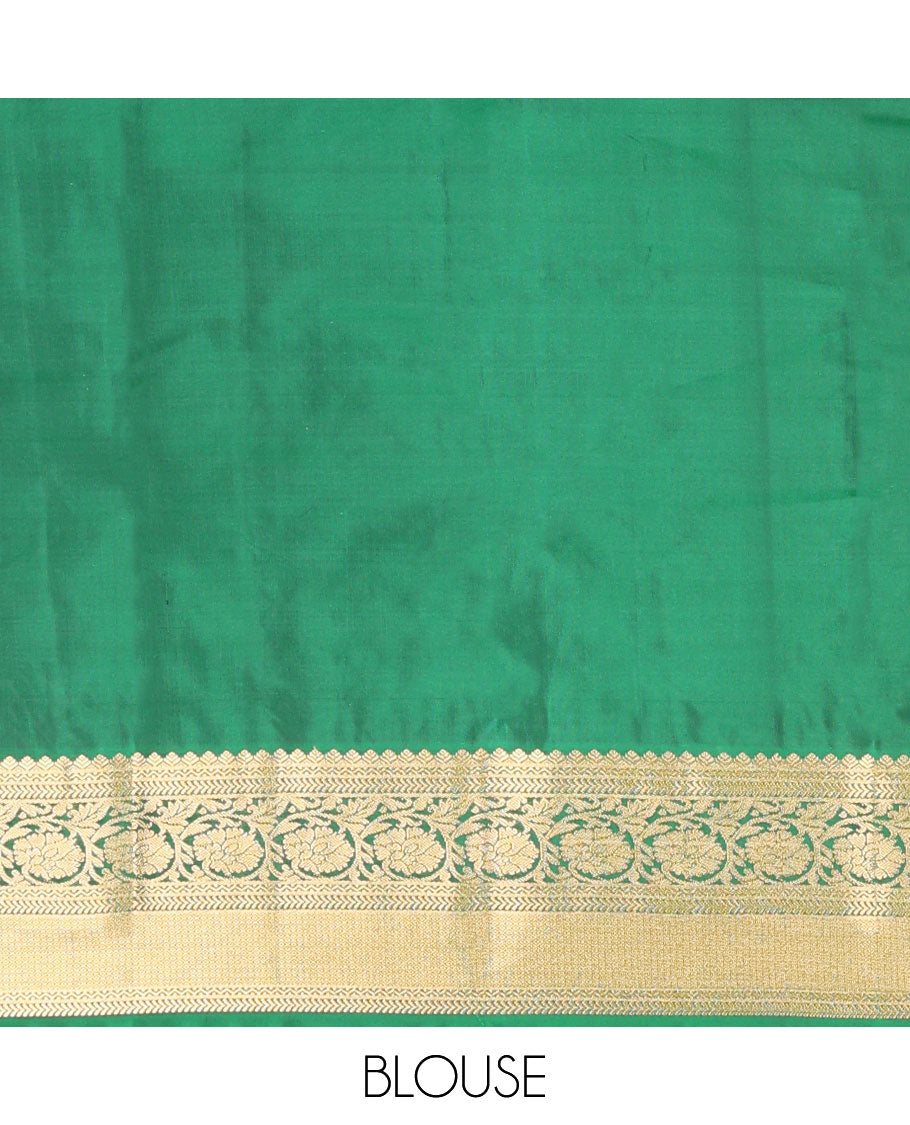 Green zari buttas vasundhara silk mix saree, contrast border of neli,kathir,kodi visiry & mayil kann & pallu of geometric patterns