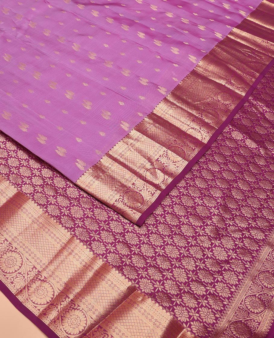 Pink Vasundhara Lite-Silk Mix Saree Embellished with Zari Buttas, Complemented with a Contrast Border Featuring Thilakam, Muthu, Neli, Jaal, Kamalam, and Kodi Visiry Designs, Elevated with Pallu of Intricate Designs, and a Contrast Blouse