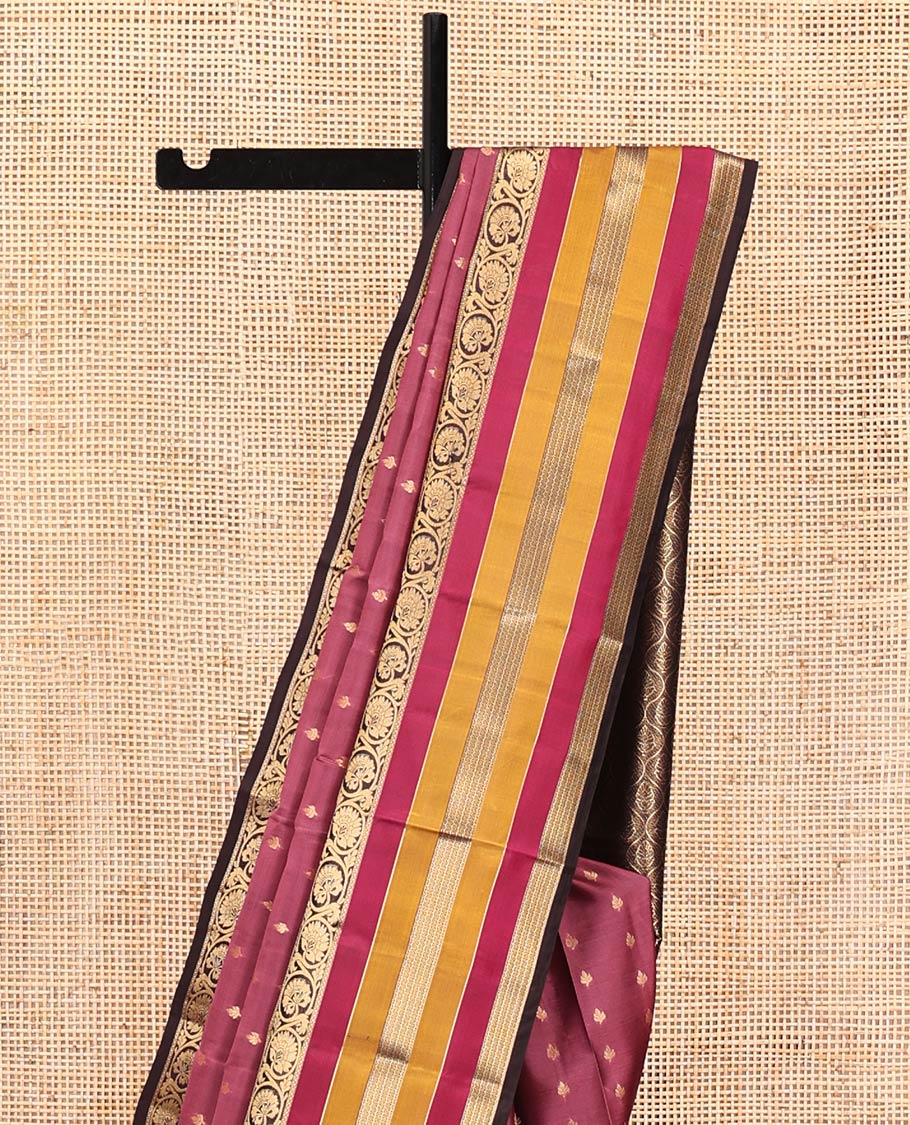 Brown Vasundhara Lite Silk Mix Saree, Adorned with Zari Buttas On Its Body, Complemented by Contrast Border of Kodi Visiry, Diamond and Neli Designs, Ogee Patterned Pallu and Paired with a Contrast Blouse