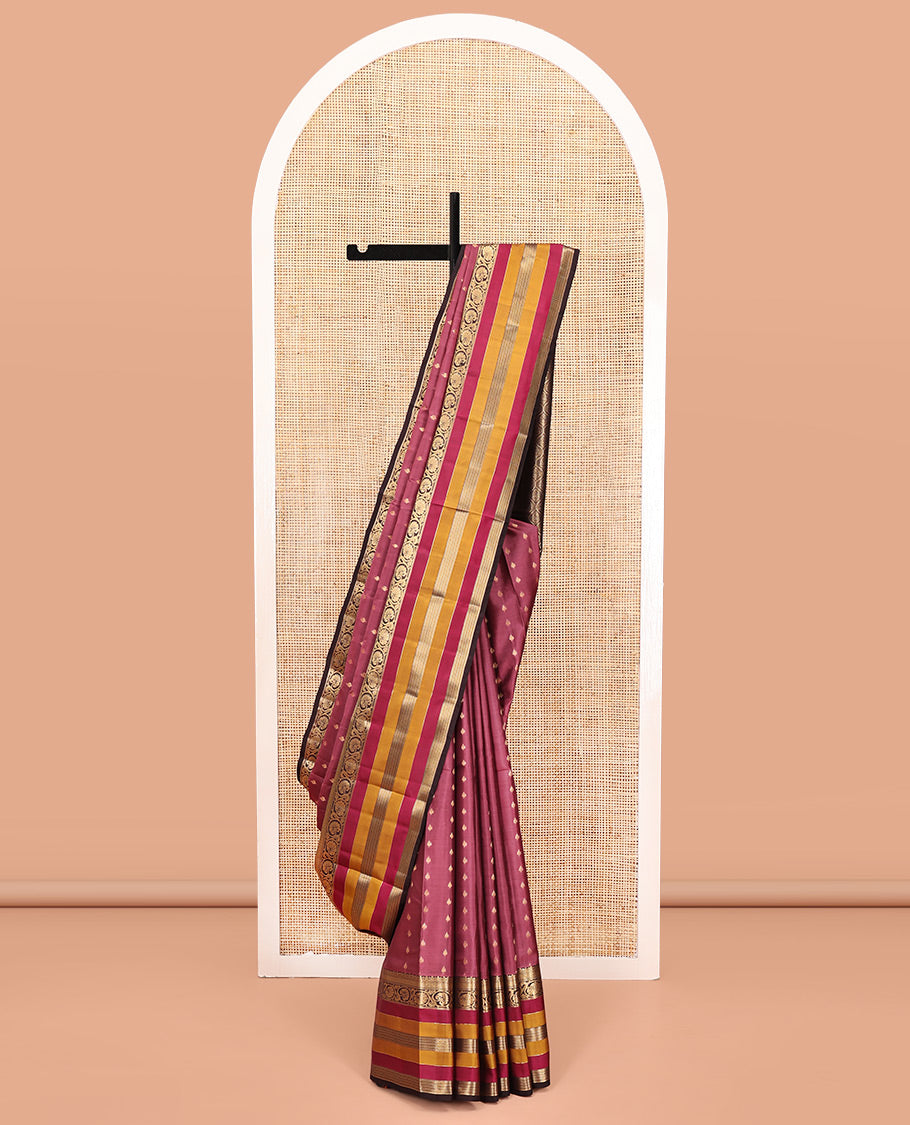 Brown Vasundhara Lite Silk Mix Saree, Adorned with Zari Buttas On Its Body, Complemented by Contrast Border of Kodi Visiry, Diamond and Neli Designs, Ogee Patterned Pallu and Paired with a Contrast Blouse
