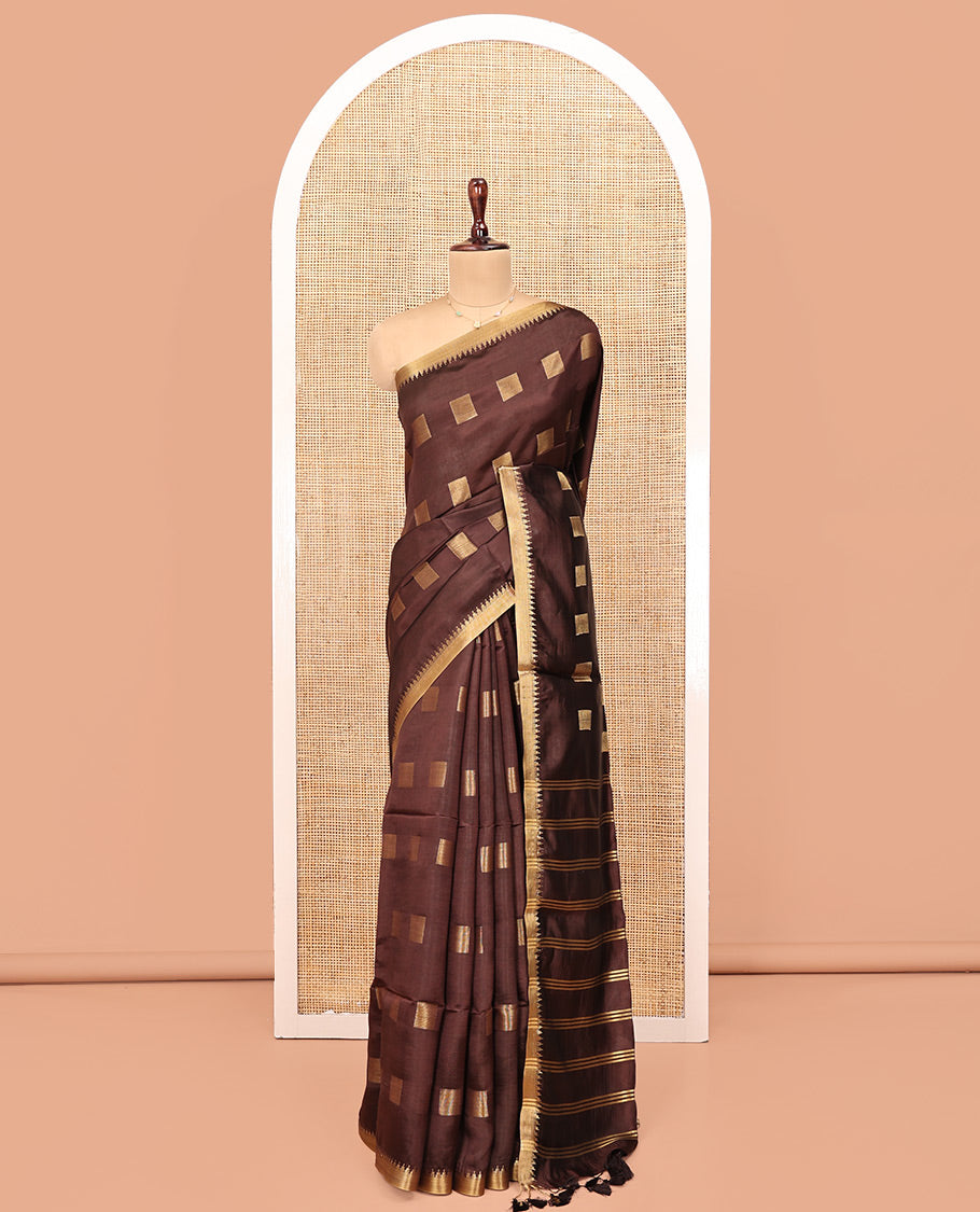 Brown Banana Pith Saree, Detailed with Square Buttas on Its Body, Subtly Temple Border, Pallu Steeped with Stripes, and Paired with a Matching Blouse