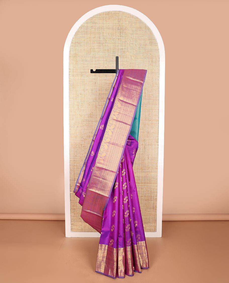 Purple floral design silk with contrast thilakam mokku, banaras, manga, muthu design border & jaal pallu