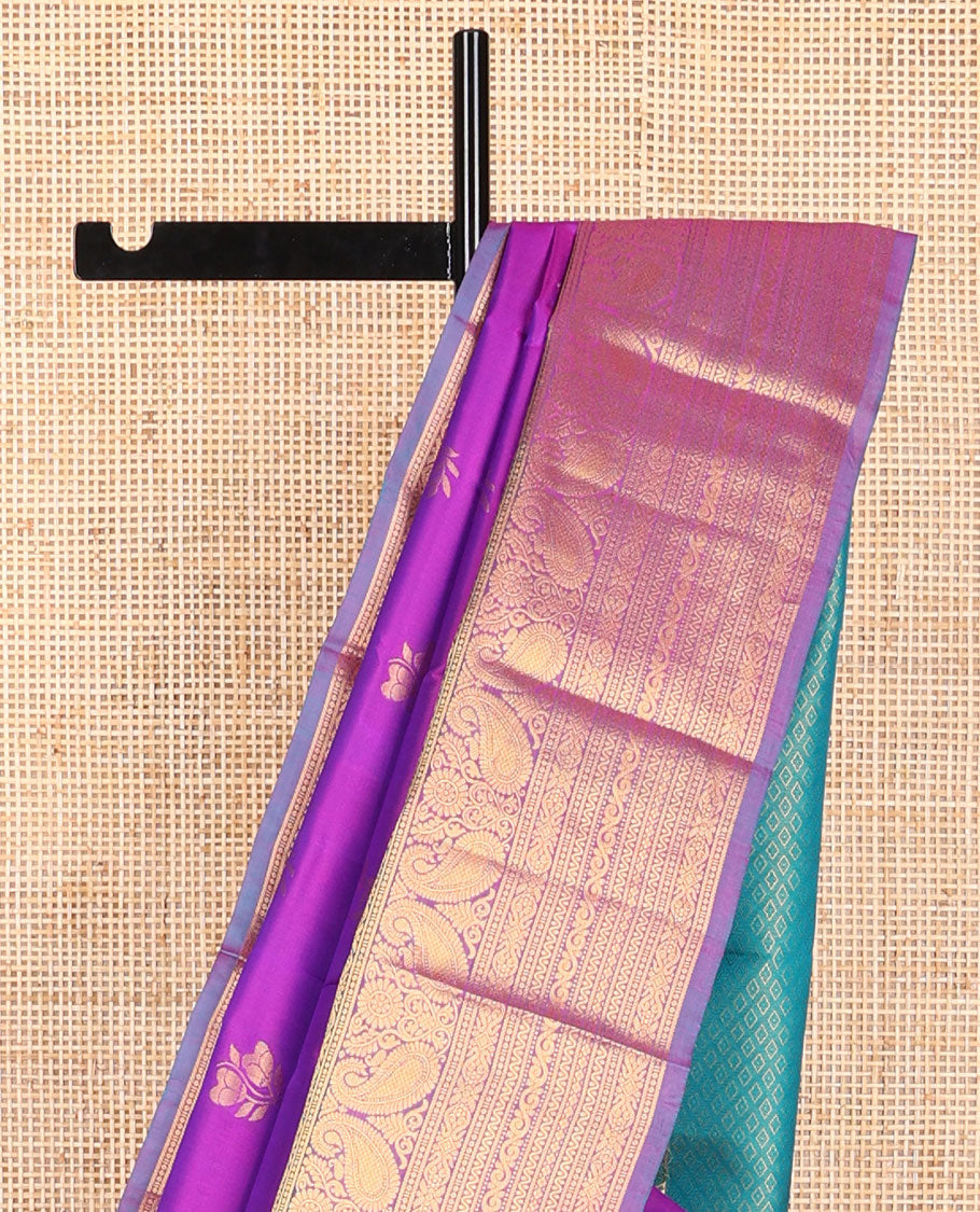 Purple floral design silk with contrast thilakam mokku, banaras, manga, muthu design border & jaal pallu