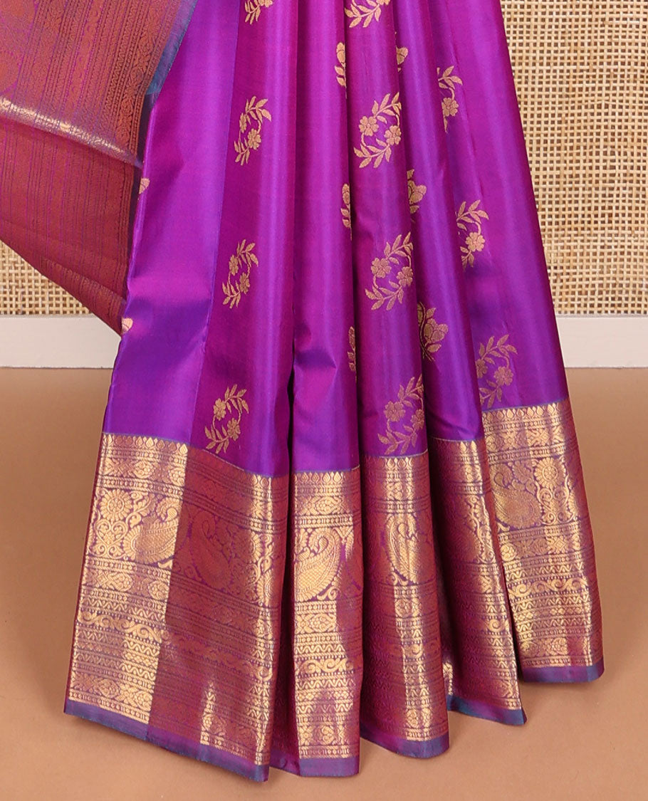Purple floral design silk with contrast thilakam mokku, banaras, manga, muthu design border & jaal pallu
