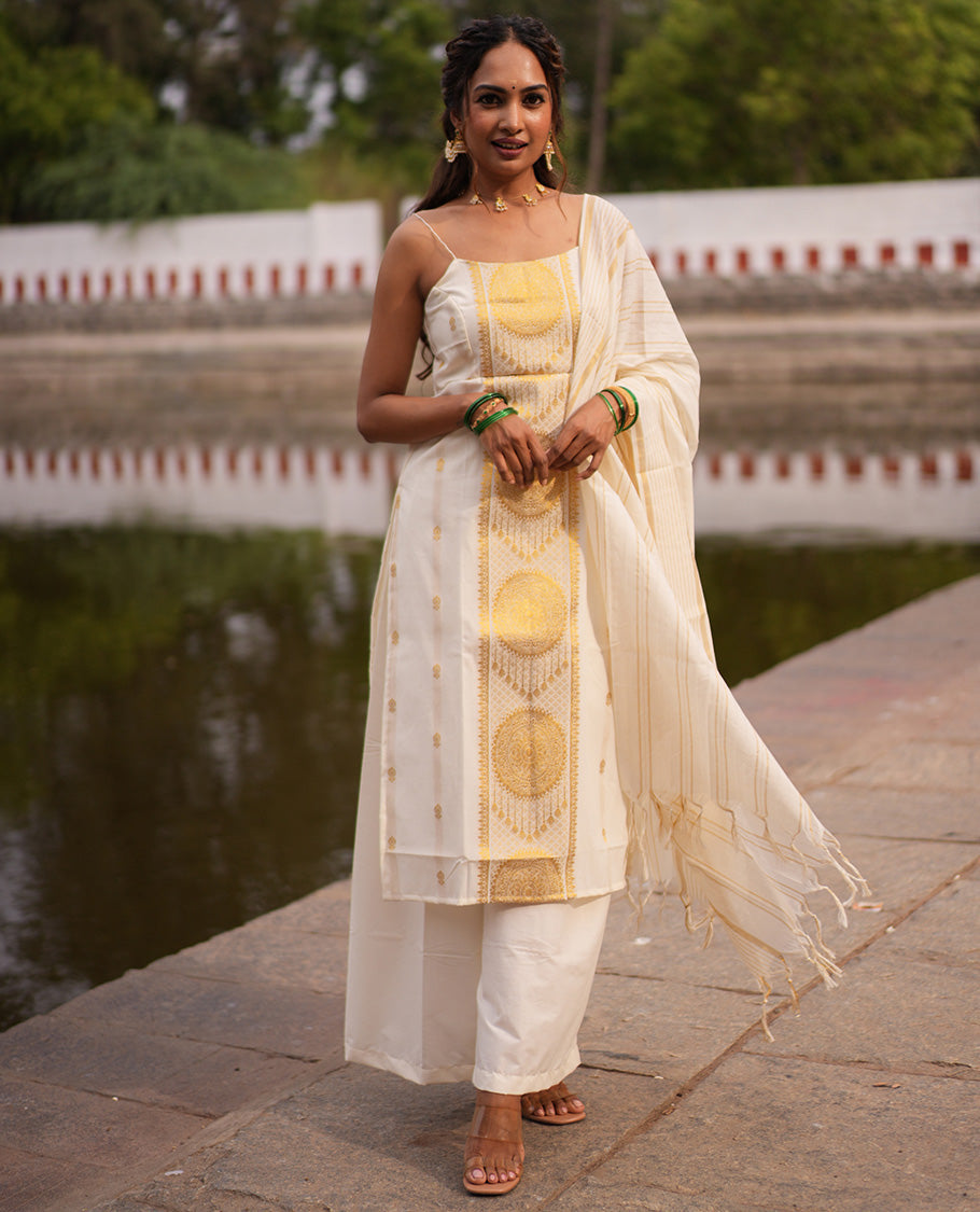Cream Kerala Cotton Material Chudidar Features Zari Design Top, Matching Bottom, Striped Dupatta