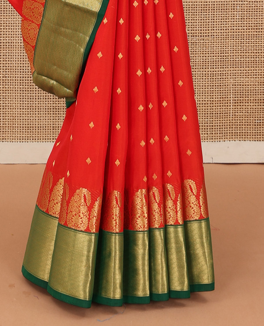 Red zari buttas Bangalore silk saree, contrast zari border of paisleys, and jaal pallu