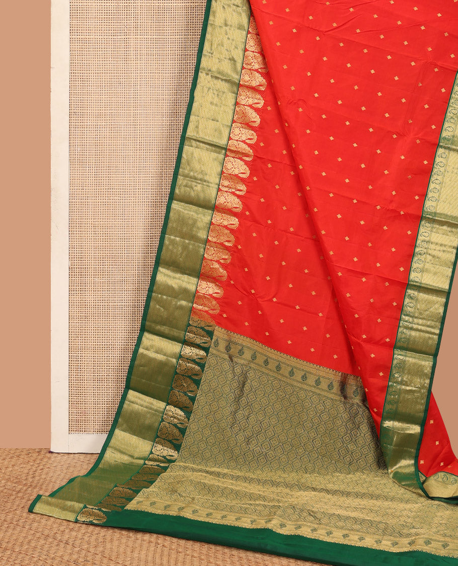 Red zari buttas Bangalore silk saree, contrast zari border of paisleys, and jaal pallu