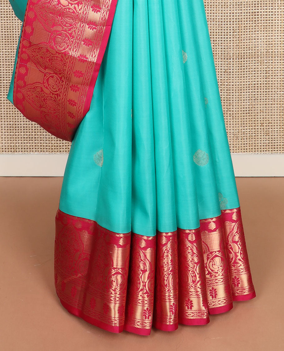 Blue zari buttas vasundhara silk mix saree, contrast geometric pallu & border of rekku,peacock & geometric designs