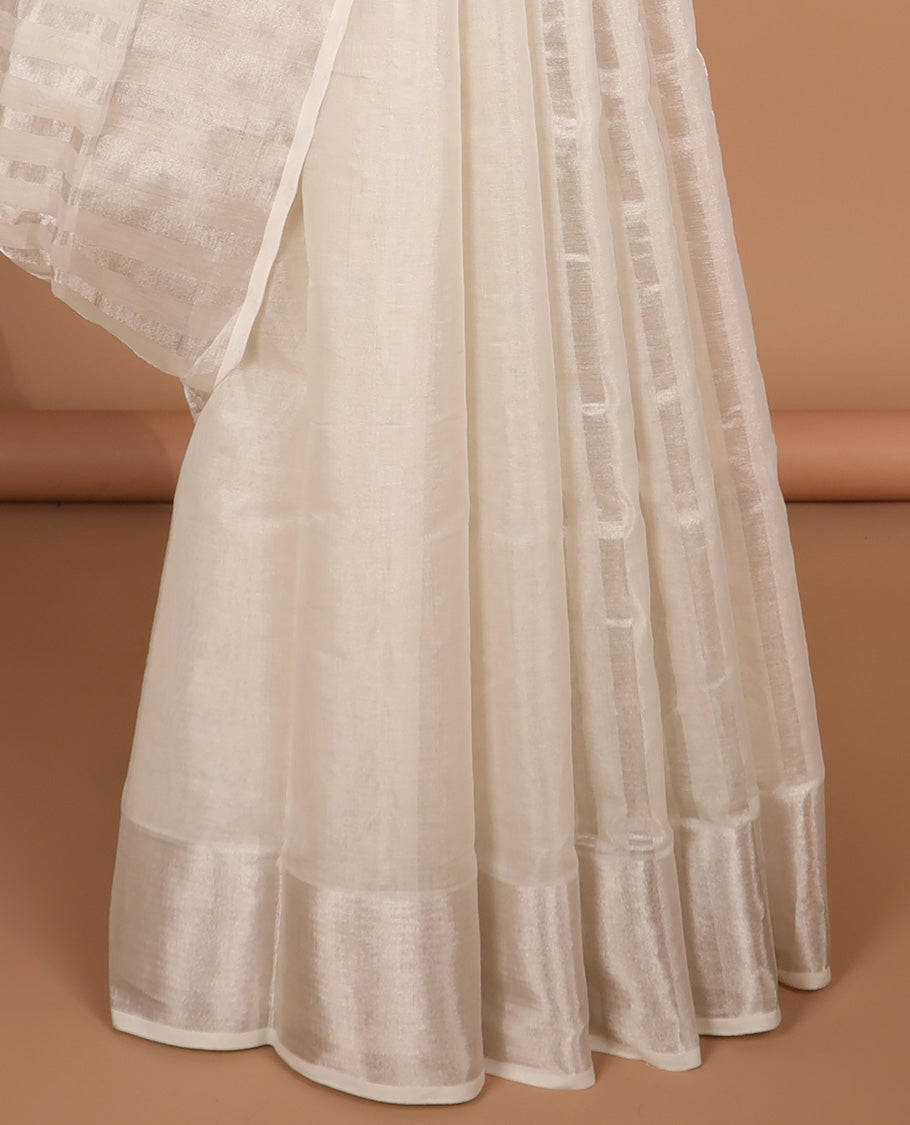 Borderless White striped kasavu saree & sliver zari striped pallu