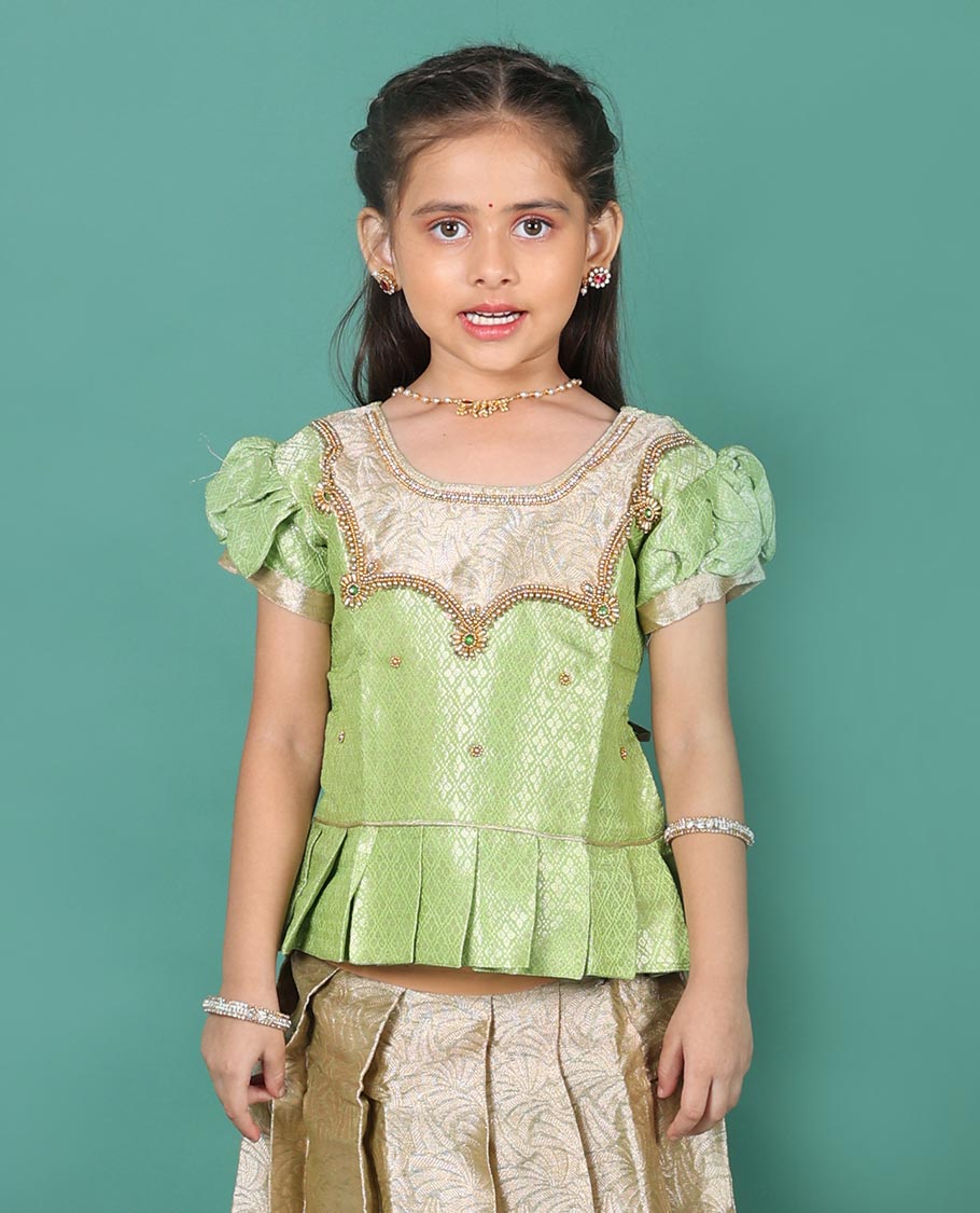 Beige art silk readymade pavadai set, jacquard with contrast geometric zari border skirt, and contrast neck embroidered puff-sleeve blouse