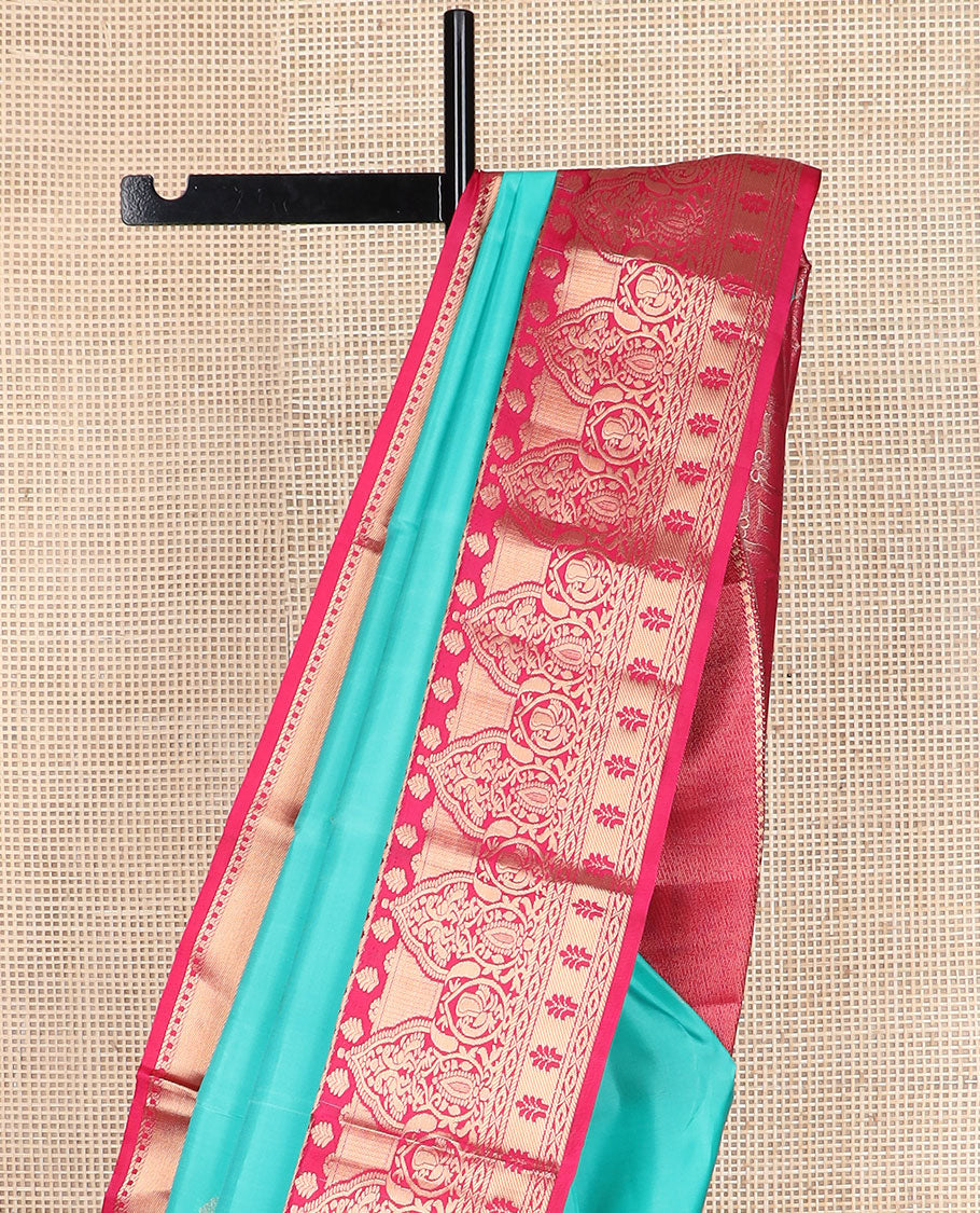 Blue zari buttas vasundhara silk mix saree, contrast geometric pallu & border of rekku,peacock & geometric designs