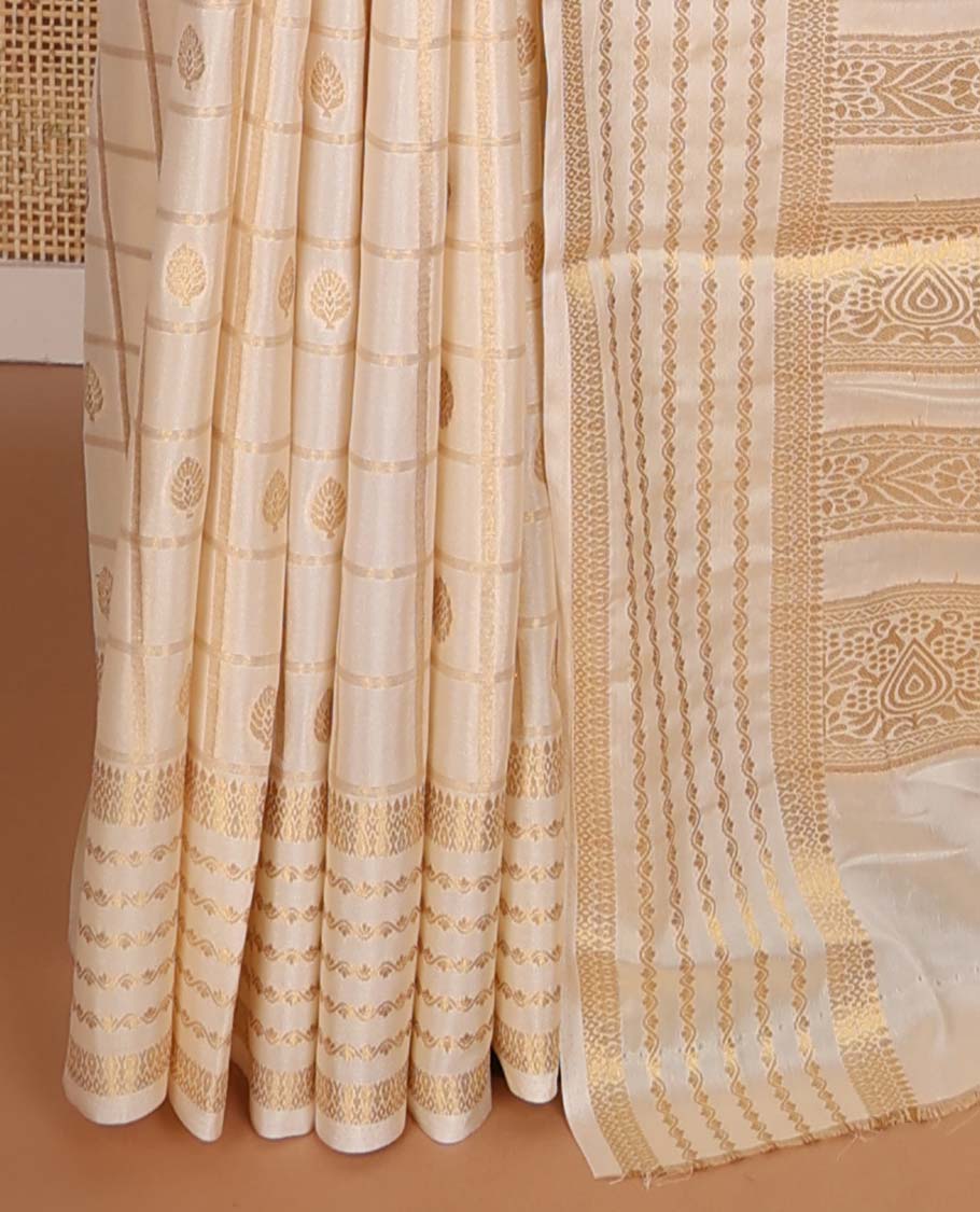 Cream checked, leaf motifs mysore silk saree with self zari design border & floral design pallu