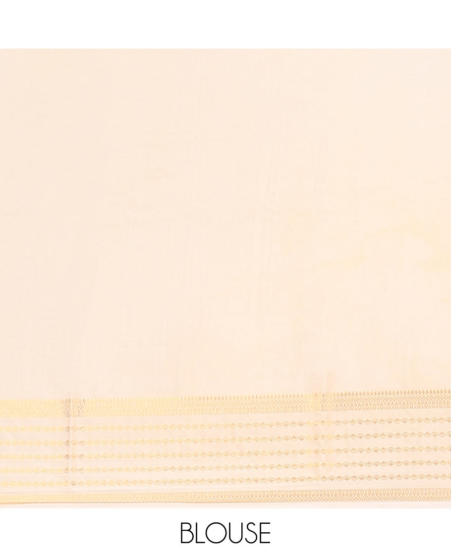 Cream checked, leaf motifs mysore silk saree with self zari design border & floral design pallu
