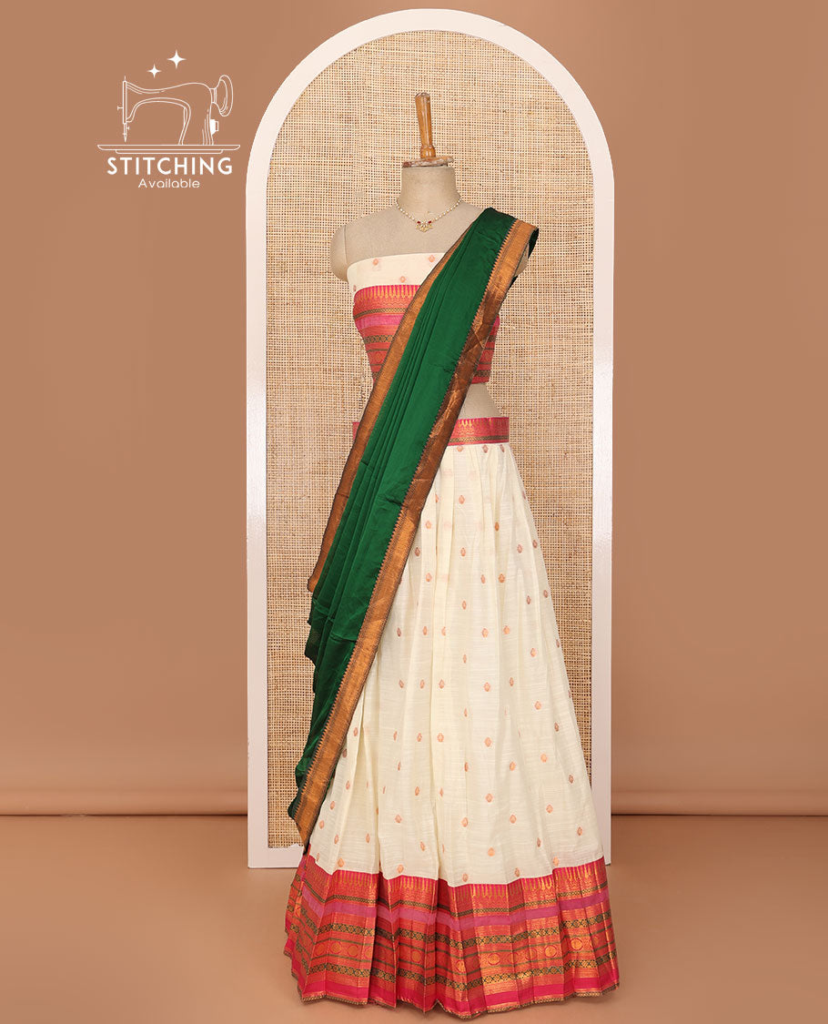 White lehenga set, zari buttas with contrast traditional zari border skirt, matching blouse and contrast zari border dhavani