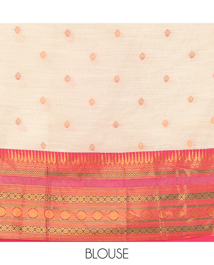 White lehenga set, zari buttas with contrast traditional zari border skirt, matching blouse and contrast zari border dhavani