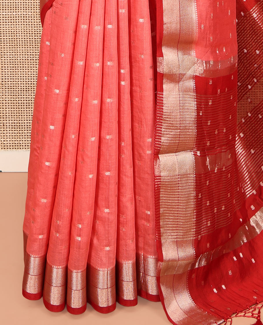 Pink Assam Silk Saree, Steeped in Richness of Zari Buttas, Complemented by a Contrast Traditional Zari Border, Zari-Striped Pallu, and a Contrast Blouse