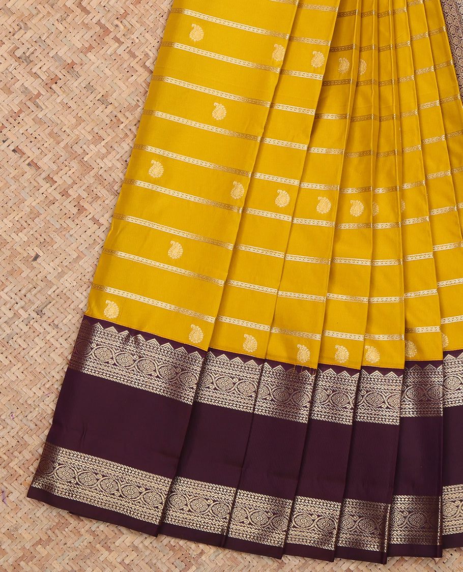 Yellow Budget Silk Saree, Detailed with Zari Buttas and Stripes, a Contrast Traditional Zari Rettai Pettu Border, Grand Pallu, and a Contrast Blouse