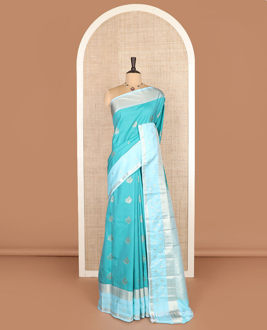 Blue zari buttas budget silk saree, contrast traditional zari design border, and jaal pallu