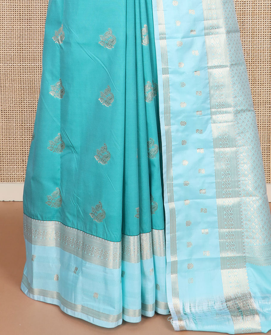 Blue zari buttas budget silk saree, contrast traditional zari design border, and jaal pallu